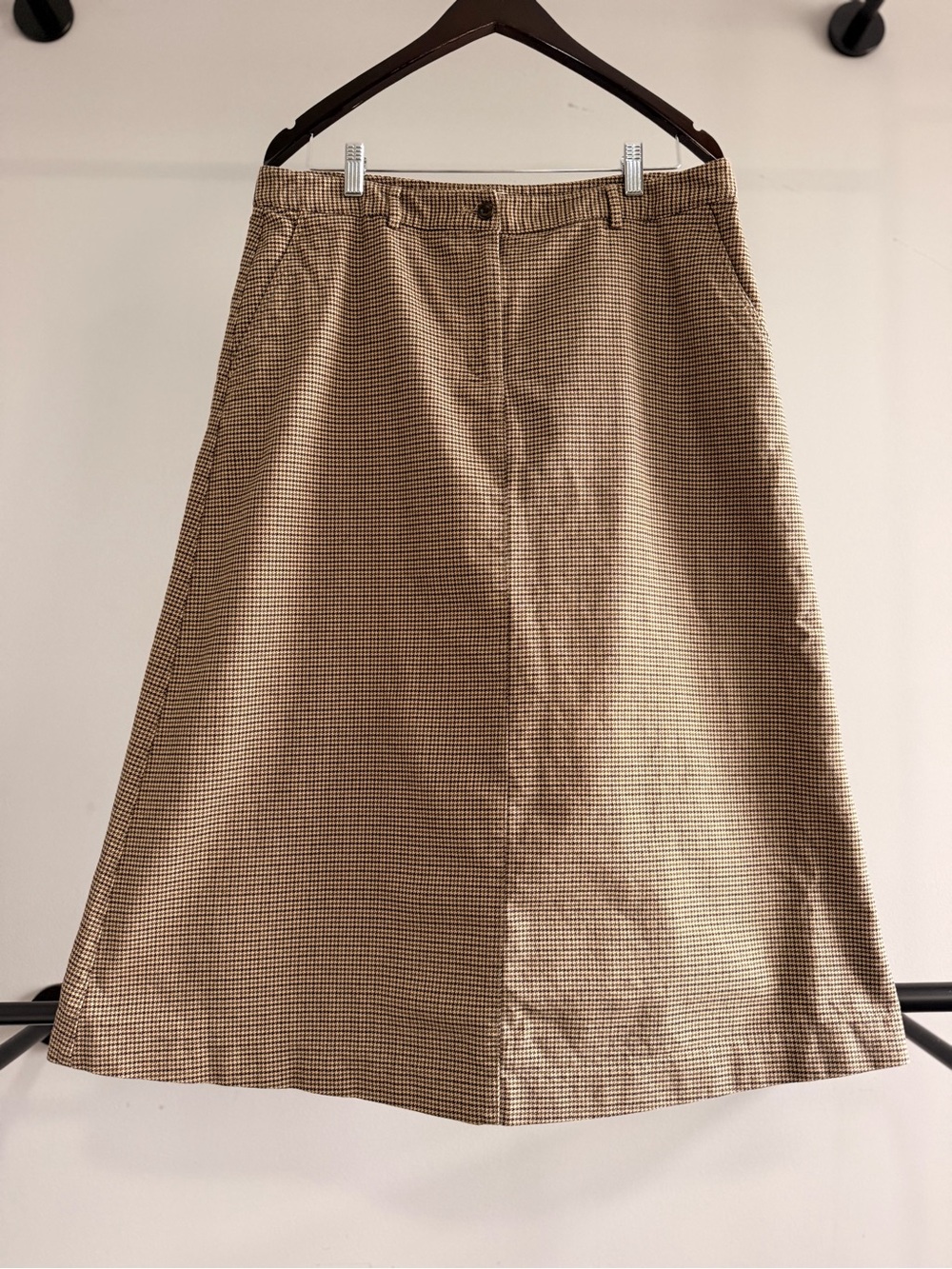 L.L.Bean brown and beige houndstooth wool blend midi skirt